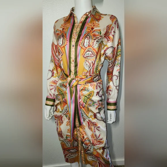 Antonio Melani Roxanne Paisley Midi Shirt Dress Tie Waist Ruching Sz 2 - Picture 4 of 12